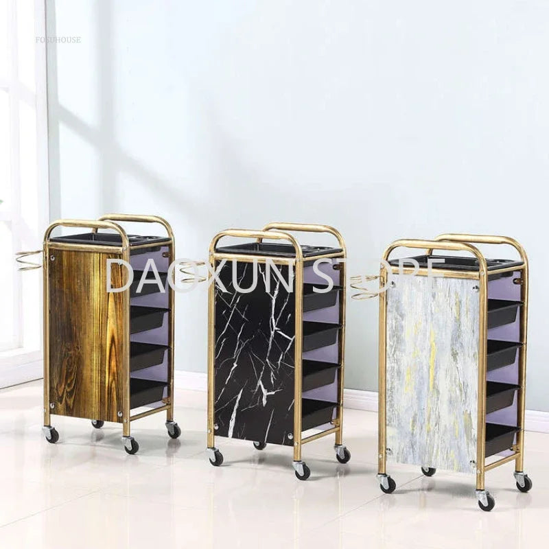 Retro Iron Salon Trolleys Nordic Beauty Salon Drawers Cart With Wheels Creative Hair Salon Perm And Dye Tool Cart