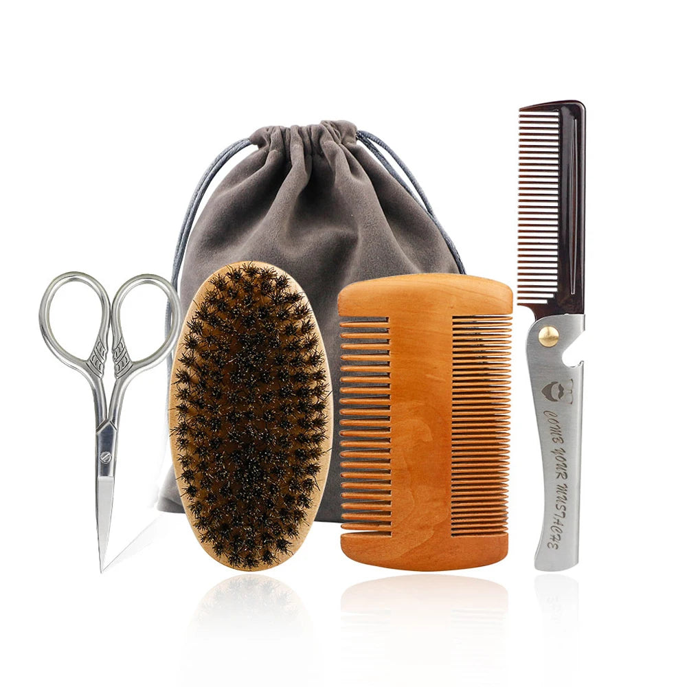Professional Barber Men Shaving Brush Comb Kits Wood Soft Boar Bristle Beard Brush Mustache Comb Kit With Gift Bag Hair Comb Set