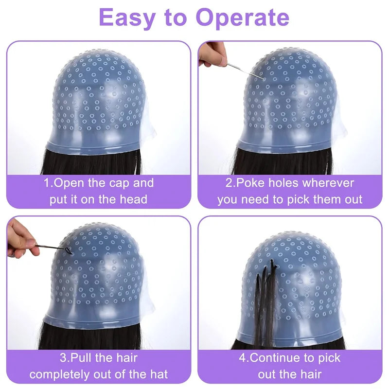 4pcs Hair Coloring Highlighting Cap with Hook and Hair Dyeing Gloves Reusable Highlight Cap Silicone Hair Coloring Frosting Cap