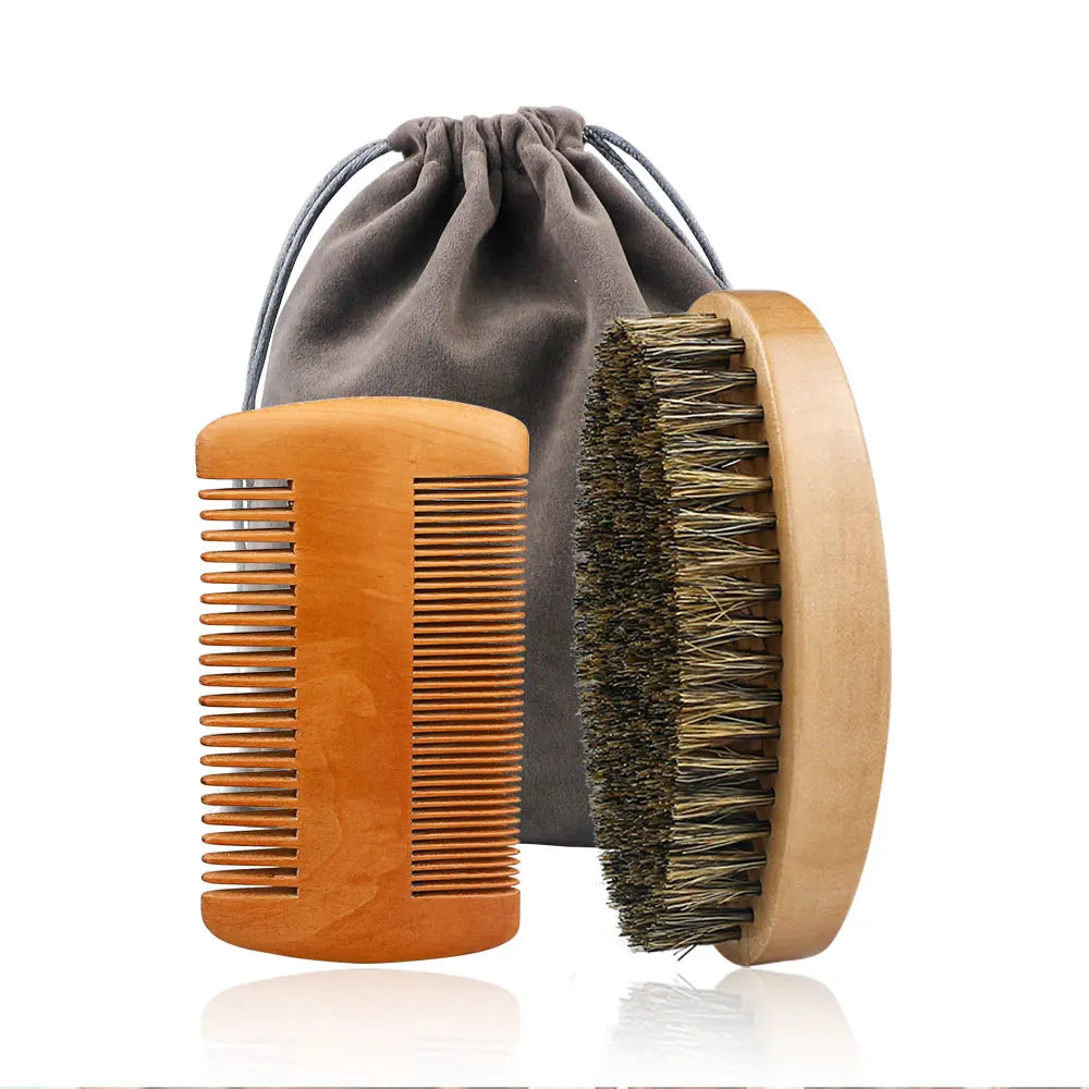 Professional Barber Men Shaving Brush Comb Kits Wood Soft Boar Bristle Beard Brush Mustache Comb Kit With Gift Bag Hair Comb Set