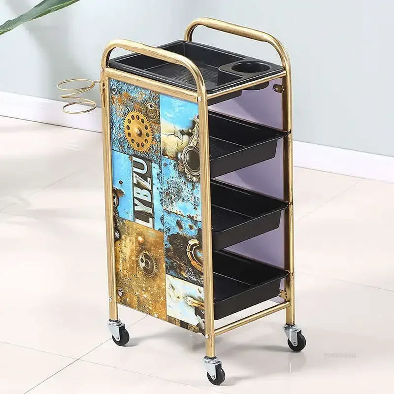 Retro Iron Salon Trolleys Nordic Beauty Salon Drawers Cart With Wheels Creative Hair Salon Perm And Dye Tool Cart