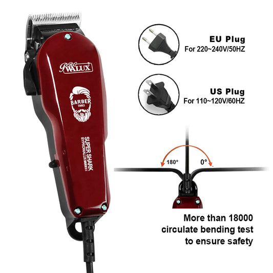 WALUX Professional AC220-240V Hair Clipper 10W Powerful Hair Trimmer Home Man Shaver 2M Cable Hair Cutting Machine 8 Guard Combs