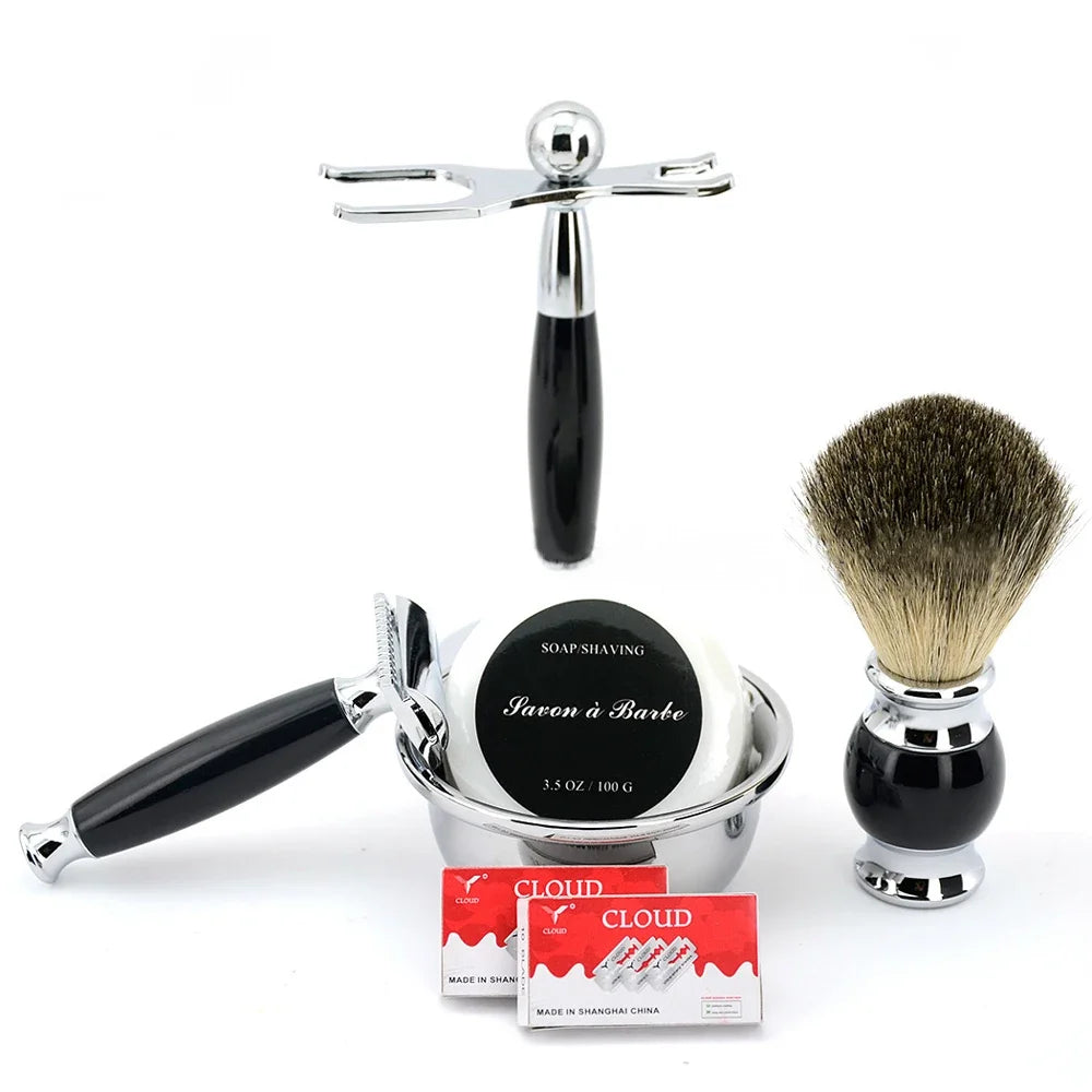 6pcs/kit Men Shaving Brush Holder Safety Razor Soap Bowl Set Metal Spray Paint Blue/Wooden/Ivory Barber Classic Grooming Gift