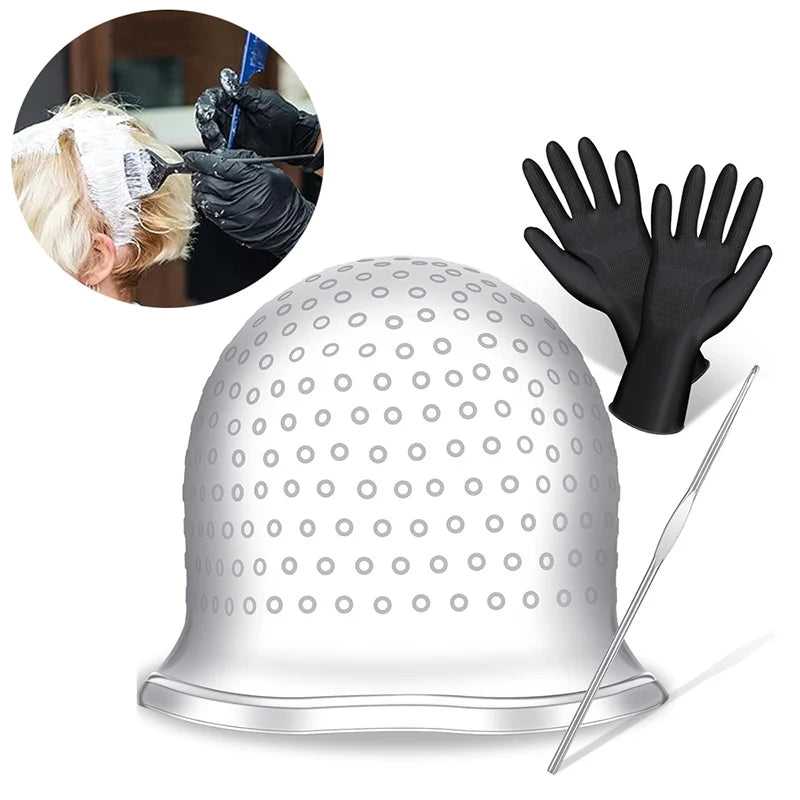 4pcs Hair Coloring Highlighting Cap with Hook and Hair Dyeing Gloves Reusable Highlight Cap Silicone Hair Coloring Frosting Cap