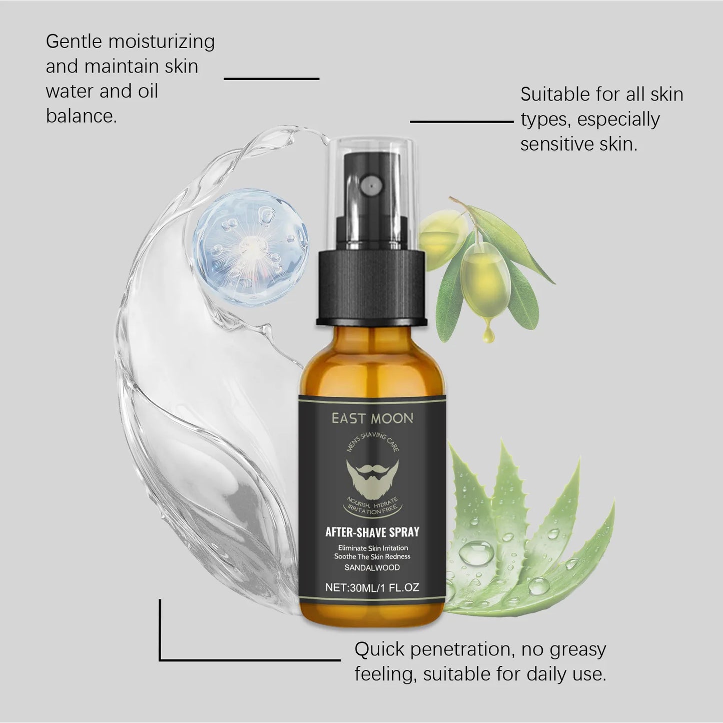 East Moon Men Aftershave Soothing Spray Keep Smoothing Improve Ingrown Increase Fresh Reducing Hair Growth Beard Skin Care Oil