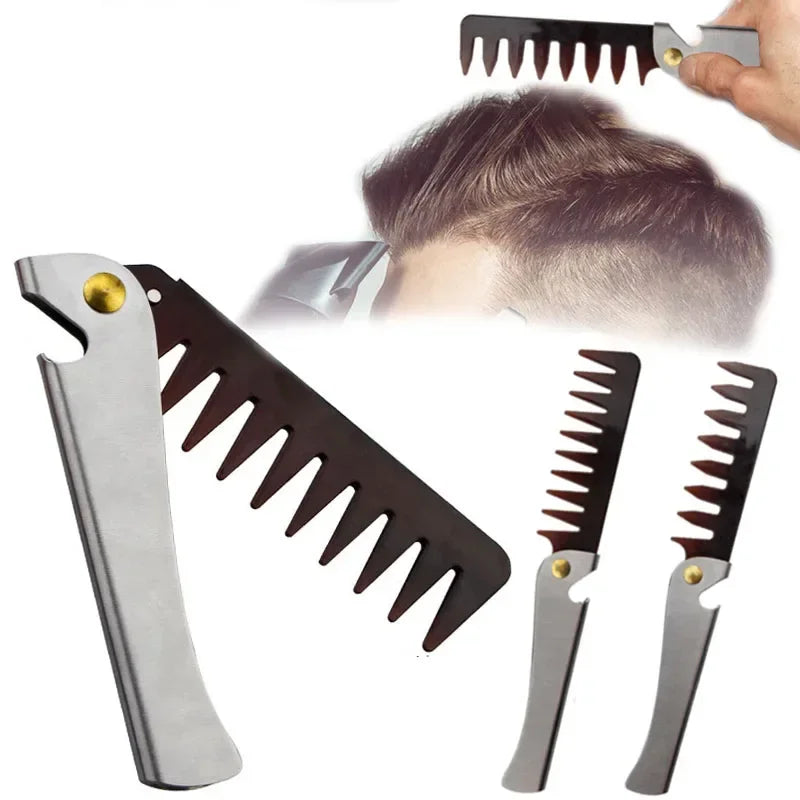 Oil Head Comb Barber Stainless Steel Handle Folding Wide Teeth Men Comb Hairdressing Hair Modeling Styling Comb Portable Vintage