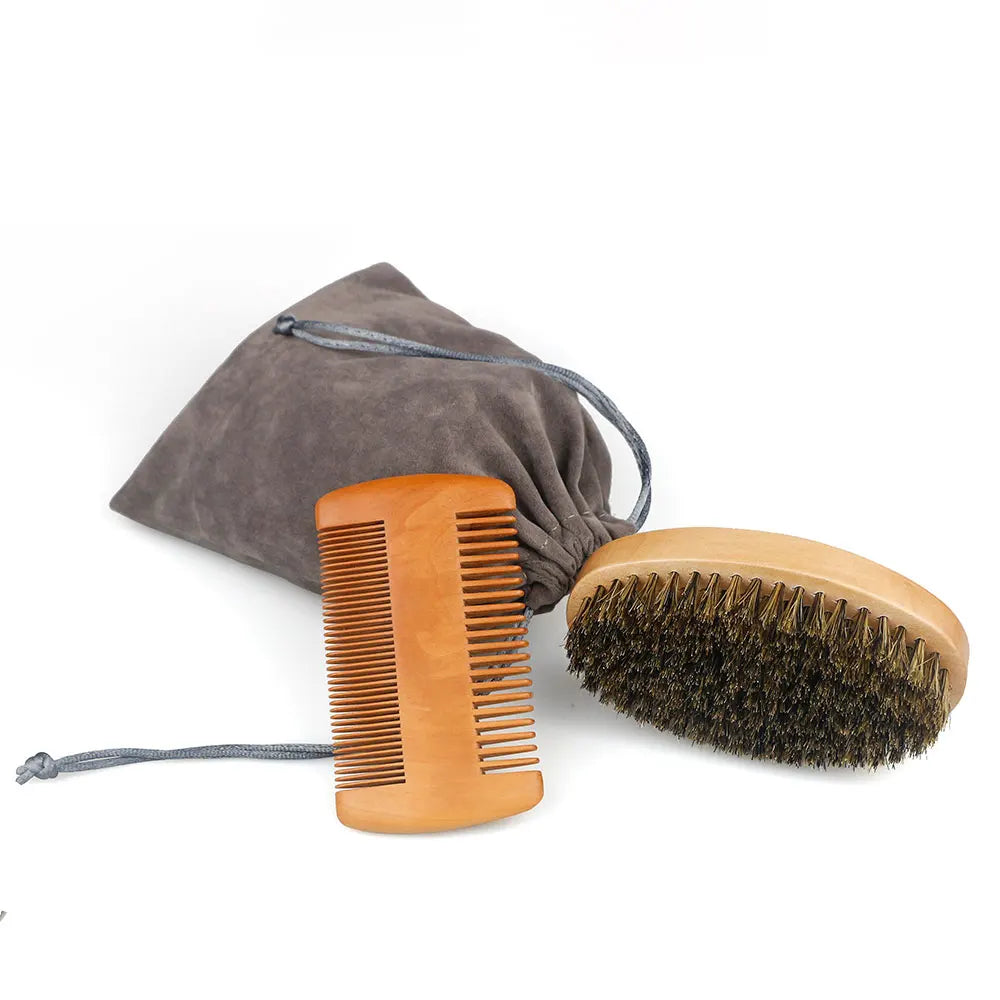 Boar Bristle Wood Beard Brush Hairdresser Shaving Tools Men Mustache Comb With Gift Bag Barber Beard Grooming Set Hair Comb Kit