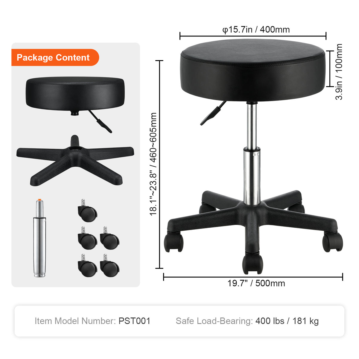 VEVOR Rolling Stools With Wheels, 400 LBS Weight Capacity Adjustable Height Stool With Ultra Thick Seat Cushion, Swivel Stools Chair For Salon, Bar, Home, Office, Tatoo, Medical, Massage, Black